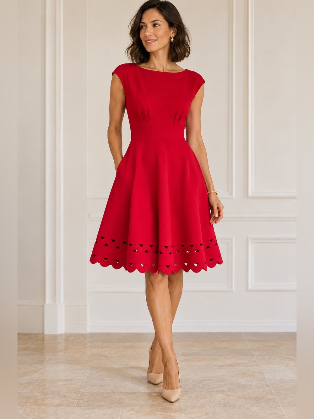 Kate Spade New York Red Ponte Fit & Flare Dress S Scalloped Cutout Hem
